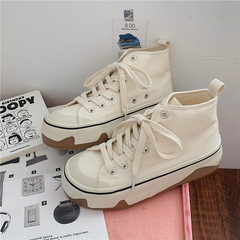 2023秋季平底高幫學生帆布鞋女韓版港風運動休閒小白鞋原宿女鞋子