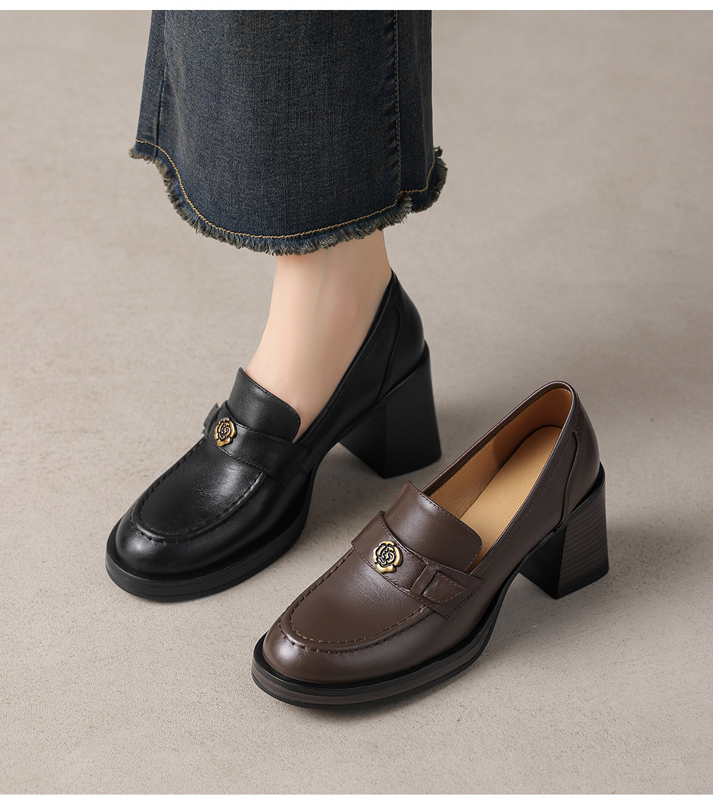 Giày loafer nữ cao gót phong cách Anh quốc vintage, da bò thật gót vuông — màu nâu chi tiết 2
