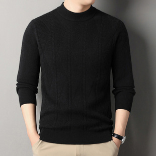 Autumn and Winter Wool Sweater Men's Thickened Yak Fleece Solid Color Crewneck Middle-aged Sweater Base Knit for Dad Black