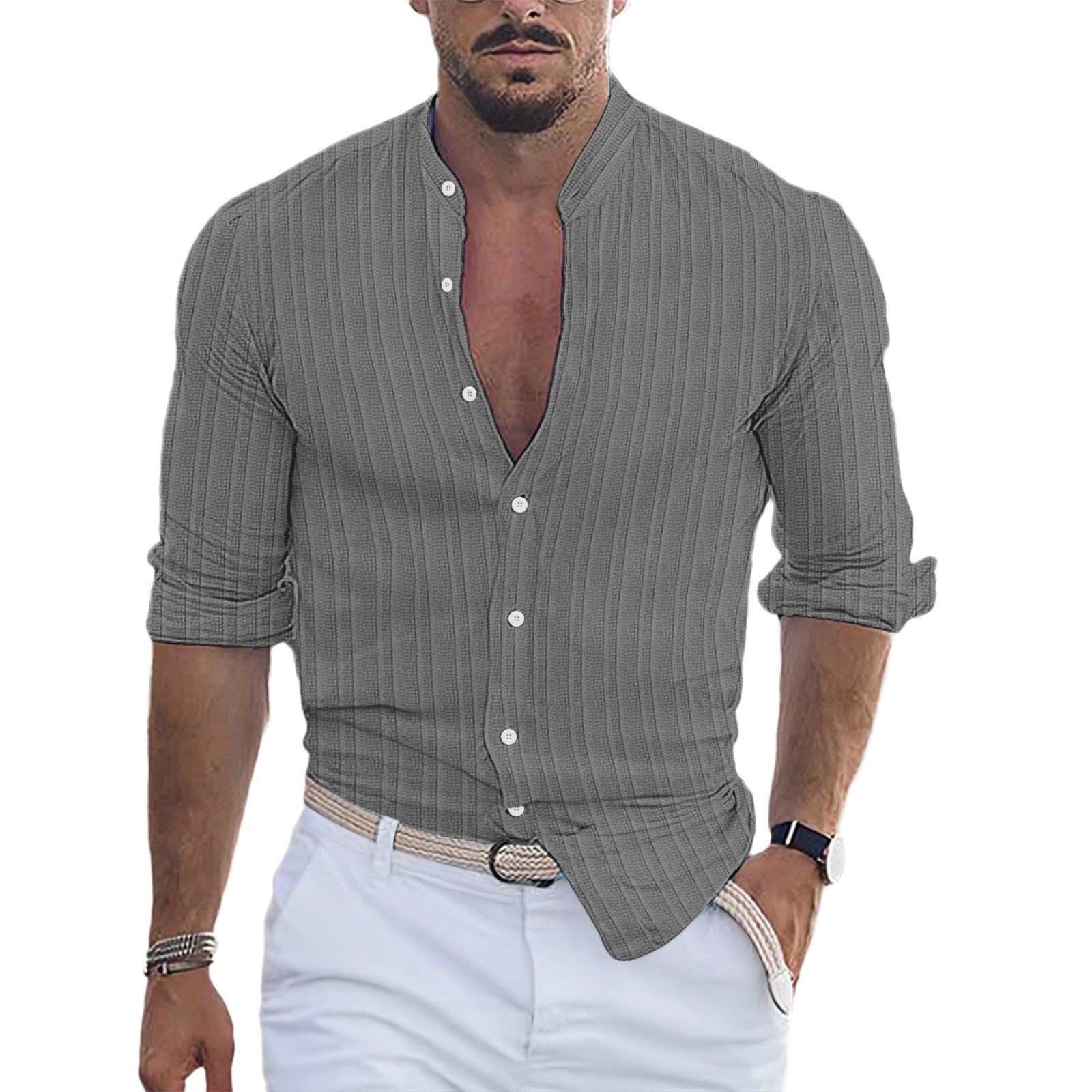 Estación independiente transfronteriza de Amazon Camisa de manga larga suelta casual Jacquard de algodón y lino para hombres europeos y americanos multicolor en stock