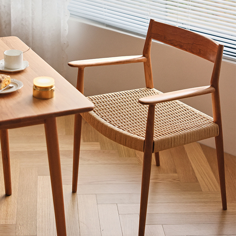 Nordic solid wood dining chair, oak cherry wood woven rope seat chair, small apartment Japanese minimalist study desk armchair