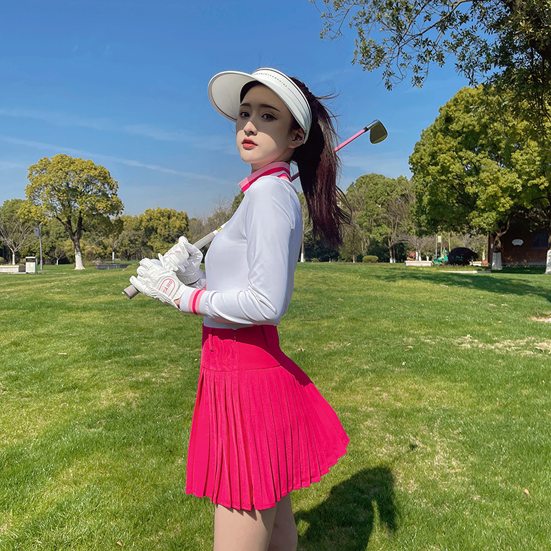 Tashi Golf Women's Summer Quick-Drying Stretch Pink Long-Sleeved Top Anti-Light Pleated Skirt Suit