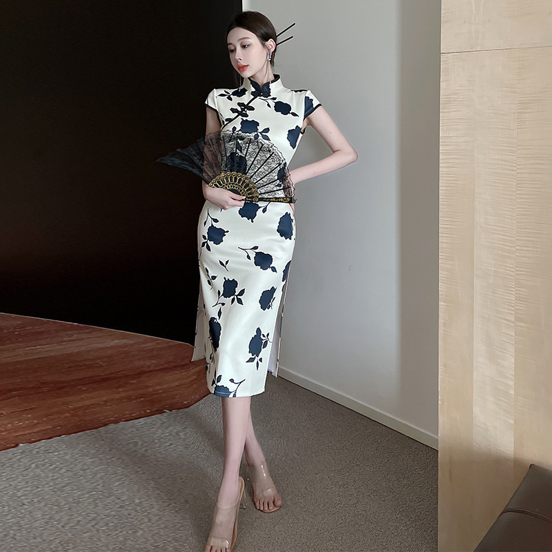 2023 Summer new ink rose print elegant retro double slit cheongsam long girl dress 7420