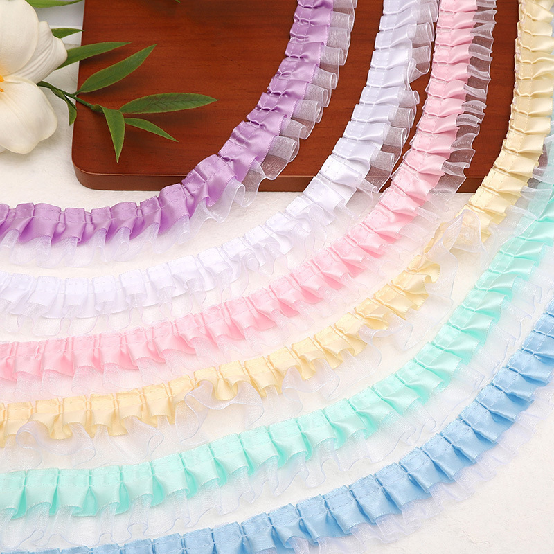 1 メートルのポリエステル二層プリーツレース diy 自家製ヘアアクセサリー頭飾りネックストラップジュエリーリボンアクセサリー装飾材料|undefined
