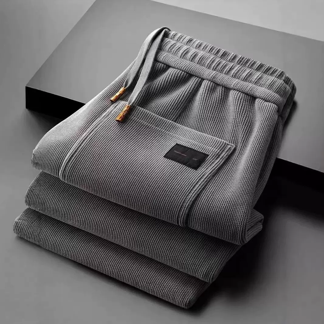 高端雪尼尔阔腿休闲裤男士冬季加绒弹力宽松直筒中年爸爸裤子外贸