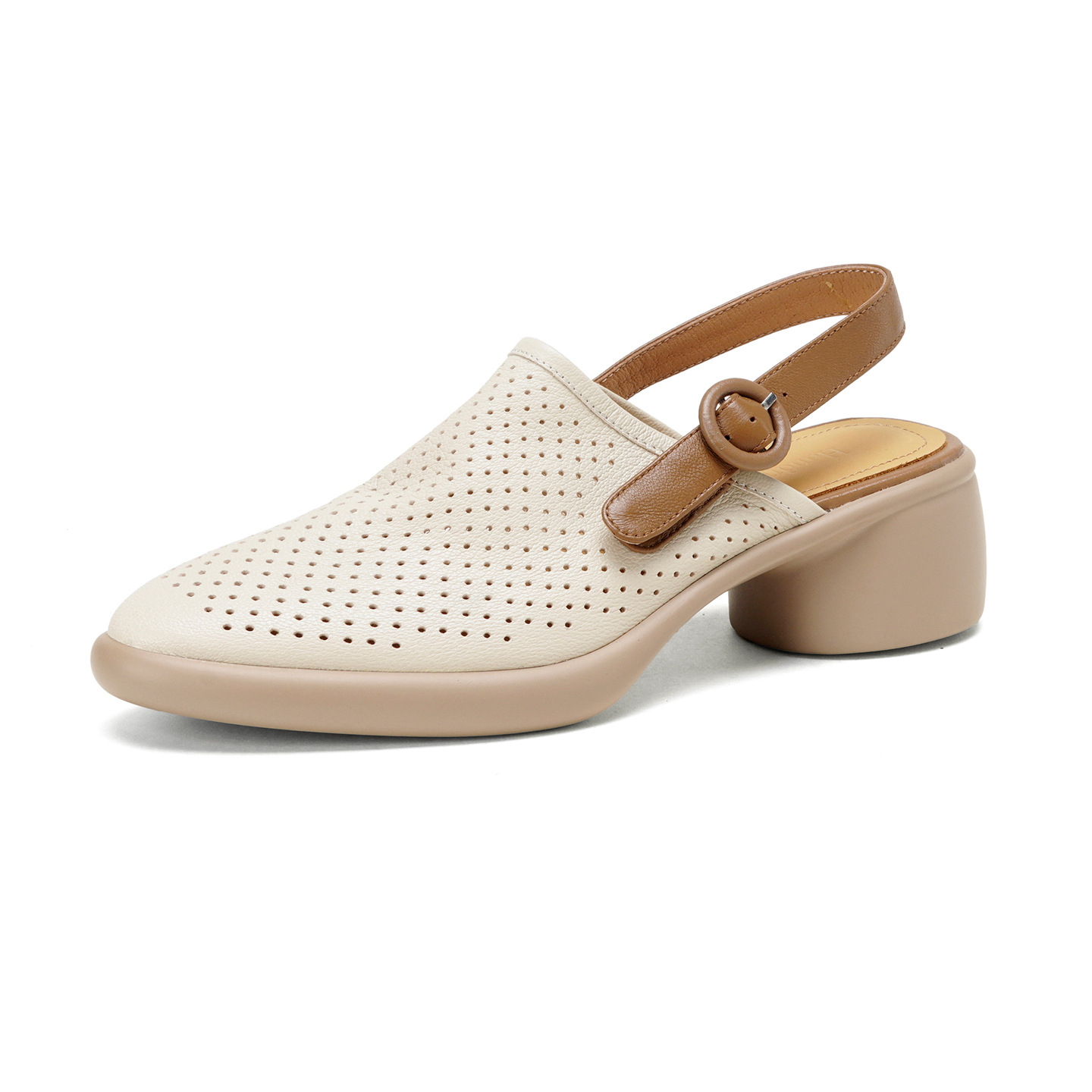 Sandal da dê nữ quai ngang mũi tròn gót vuông cao 7 cm — màu trắng ngà