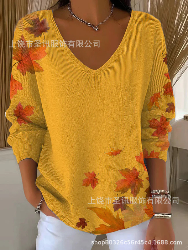 欧美跨境独立站新款3D印花女士时尚渐变色V领长袖T恤上衣|undefined