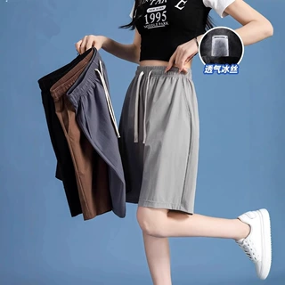 跨境冰丝短裤女款夏季薄款潮牌休闲黑色宽松速干运动五分裤子女潮
