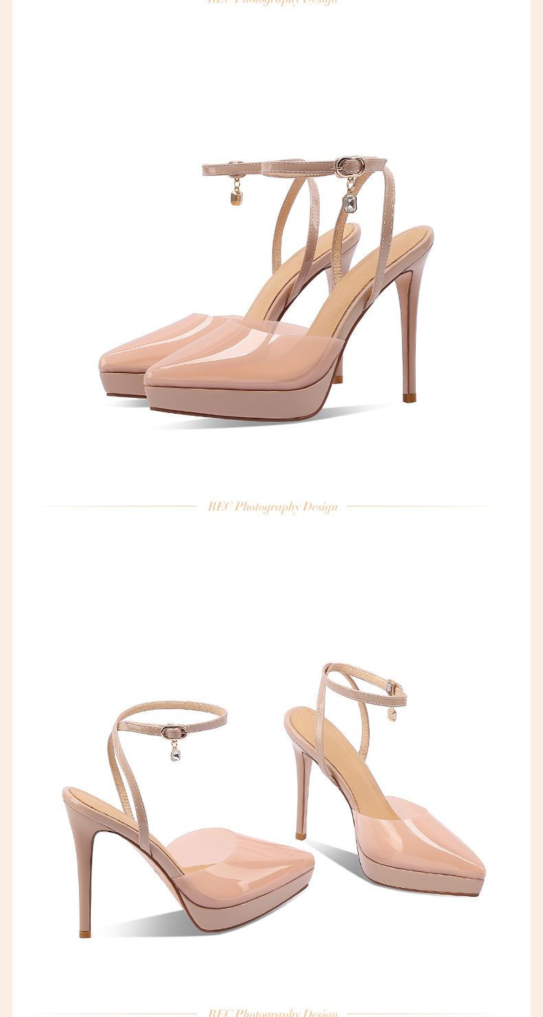 Sandal cao gót nữ bít mũi đế chống thấm da thật phong cách Roman gợi cảm đính đá rhinestone gót nhọn 12 cm — Màu đen chi tiết 5