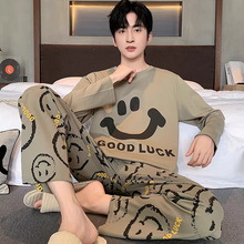 跨境睡衣男士春秋格子纯色多款大码青年家居服套装长袖一件代发