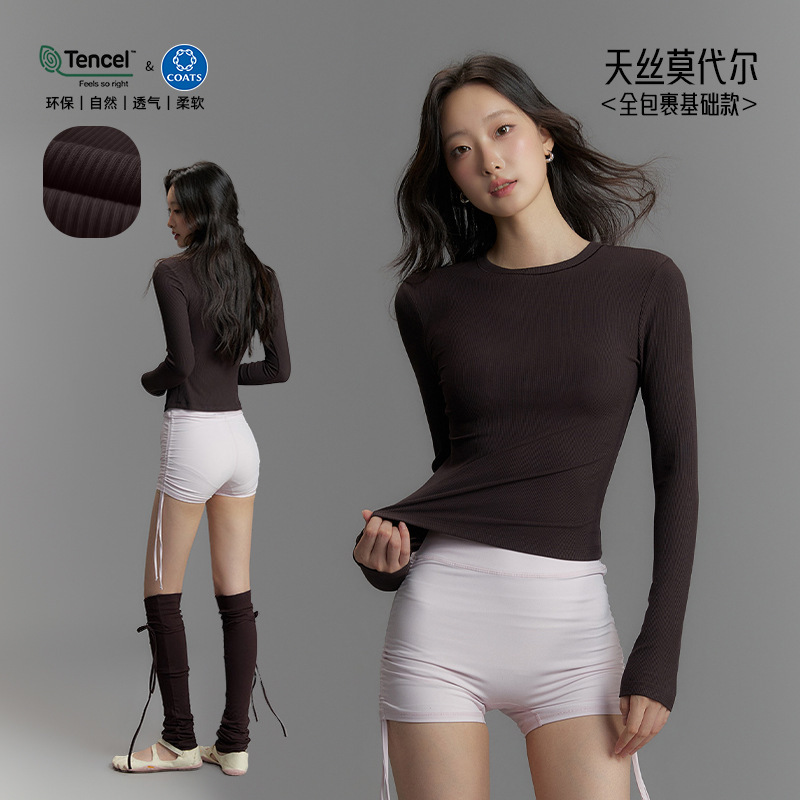 2026 Autumn Yoga Wear for Women Tencel Modal Ribbed Sportswear High Elastic Breathable Fitness Wear Round Neck Long Sleeve T-Shirt