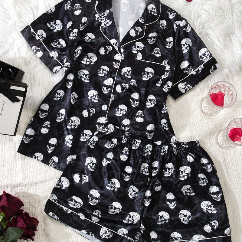 Cross-Border Dark Gothic Style Halloween Skull Satin Short-Sleeved Shorts Silky Pajamas Set