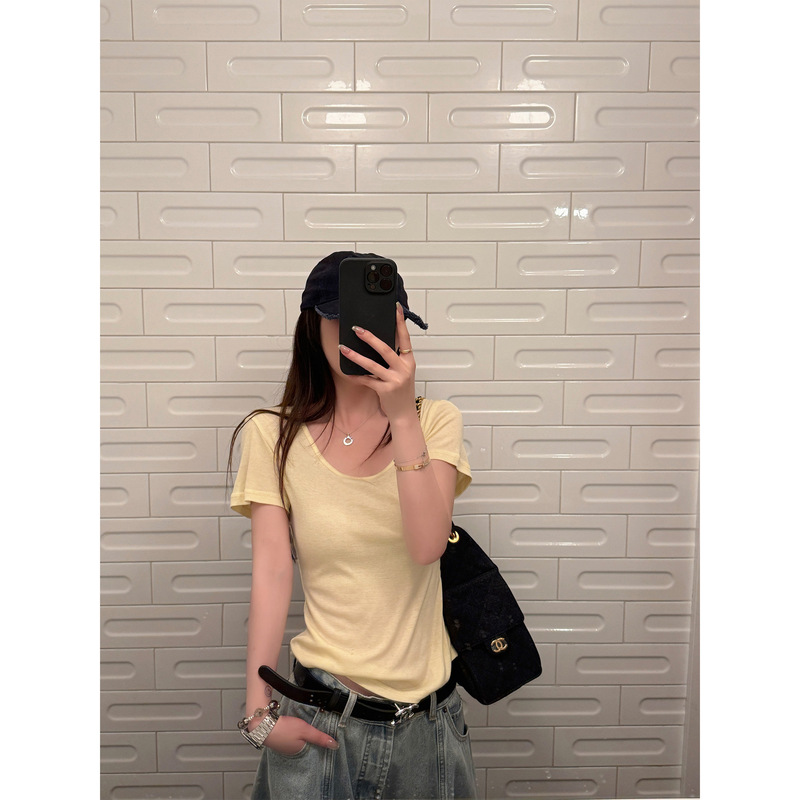 Here Yaya Shop Almond Cheese Tencel Mulberry Silk Soft and Slightly Sheer Soft Paper-Like T-Shirt # 4556J