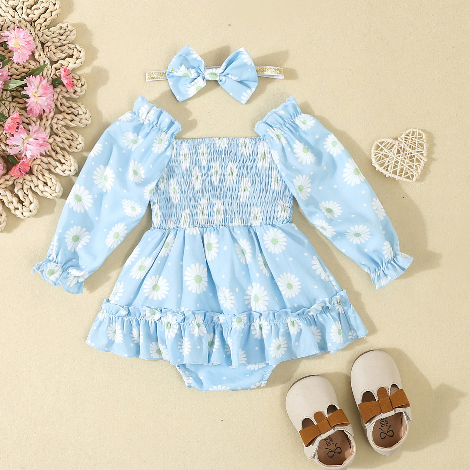 Baby romper kjole med hårbånd til piger forår og efterår_voghion.com