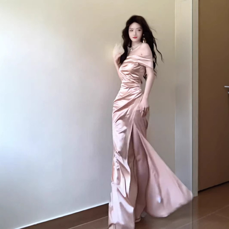 Off-The-Shoulder Long Gown for Women, Textured, Waist-Cinching, Slit, Slim-Fitting, Elegant Champagne-Colored Evening Dress for Hosting Events