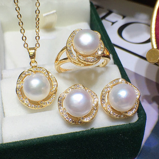 Freshwater Pearl Set Women's Summer Korean-style 8-9mm Flower Three-piece Set Fashion Elegant All-match Holiday Gift 199
