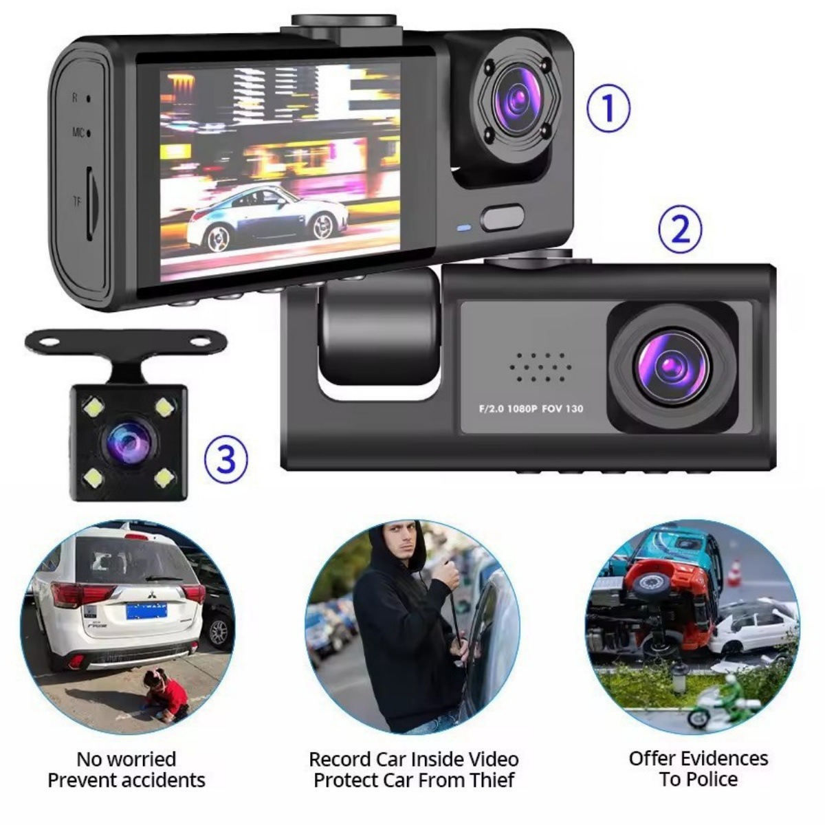 New model dashcam with high-definition reversing image, 3-lens recorder, mobile phone connectivity, and car-mounted recorder