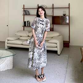 实拍新中式盘扣水墨画连衣裙女2026夏季新款高级感优雅改良旗袍裙