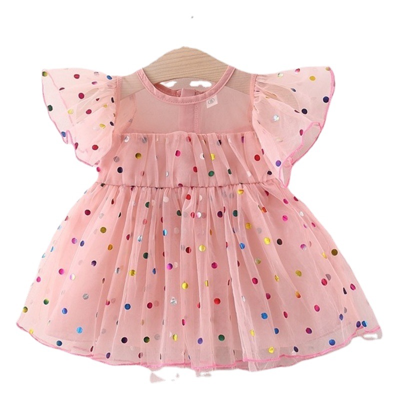 Verano nuevo año viejo bebé niña Polka Dot mullido vestido de malla bebé niña volando manga princesa vestido de niña de hadas popular