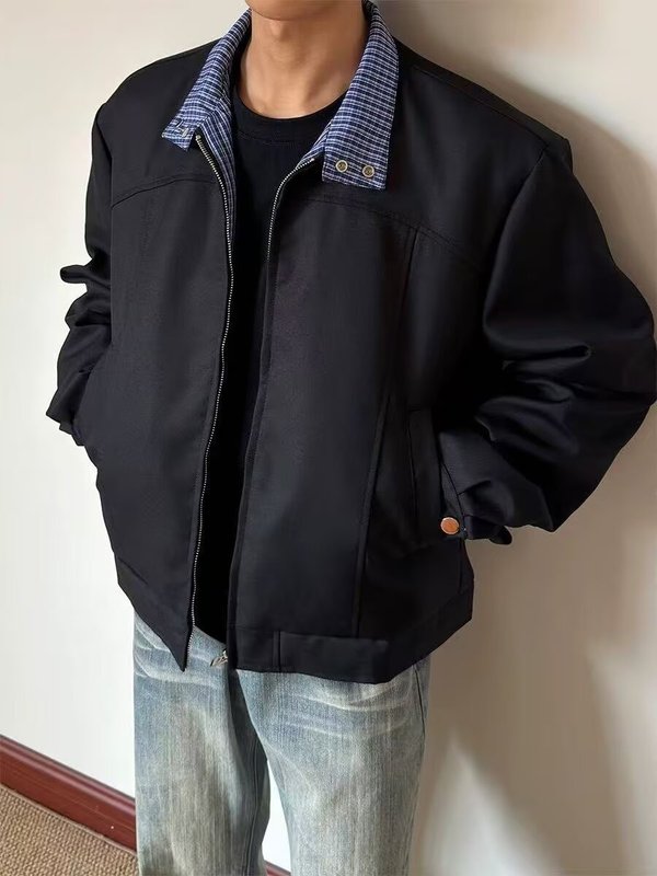 工装假两件夹克男士秋冬新款痞帅高级感潮男百搭格子拼接翻领外套|undefined