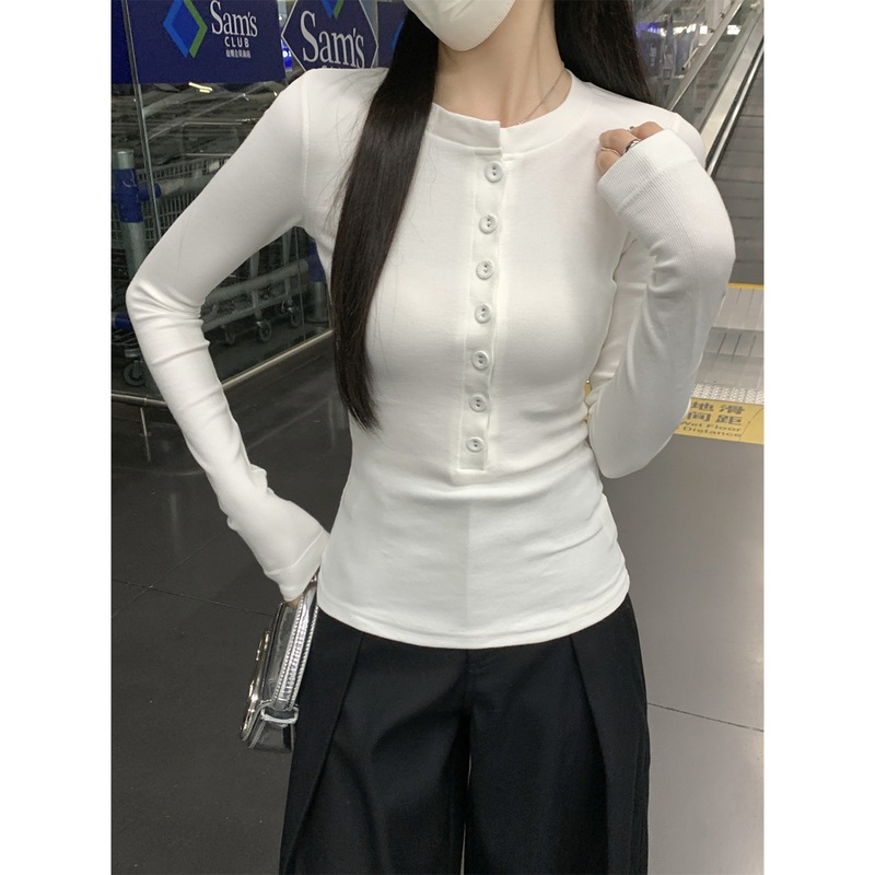 实拍早秋韩版设计感单排扣圆领修身显瘦通勤百搭长袖T恤上衣88350|undefined