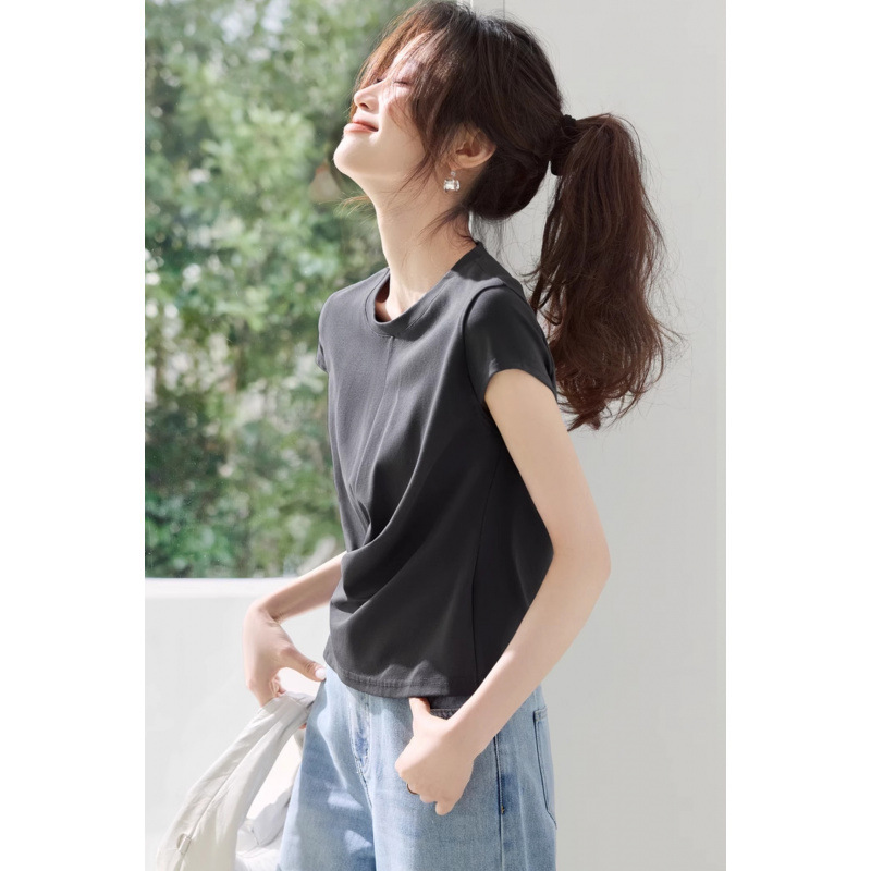 カジュアルデザイン不規則ツイスト半袖2025夏新作右肩スリムフィットTシャツ|undefined