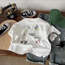 夏季儿童卡通白色纯棉印花短袖宽松t恤韩系男女童宝宝衣服打底衫