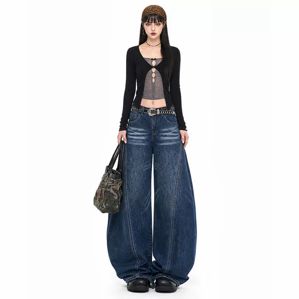 American-style retro blue cat-scratch jeans, loose wide-leg floor-length pants, available in cropped, full-length & extra-long styles