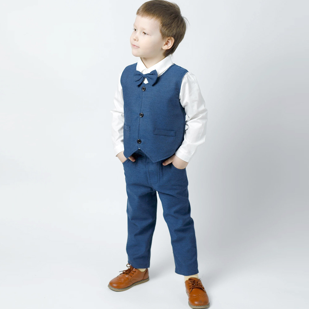 2025 primavera trajes de niños chalecos camisas de arco de manga larga vestidos de niños tres piezas de comercio exterior moda de ropa infantil