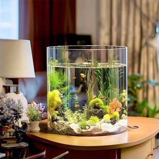 Round Fish Tank Cylindrical Goldfish Tank Glass Desktop Living Room Transparent Small Household Turtle Straight Ecological Landscaping Tank