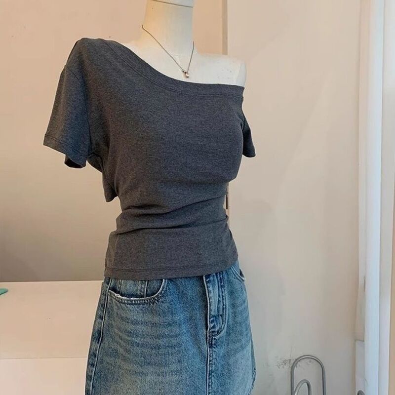 Korean Sexy Slanted Shoulder Back Cut Out Off-Shoulder Short-Sleeved T-Shirt Women's Summer Short Waist-Tie Modal Top Korean Sexy Slanted Shoulder Back Cut Out Off-Shoulder Short-Sleeved T-Shirt Women's Summer Short Waist-Tie Modal Top