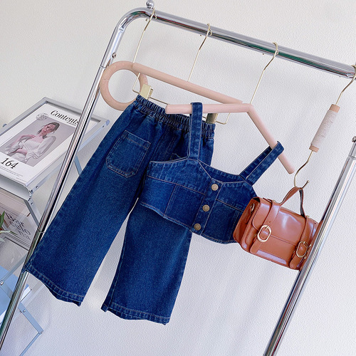 Korean-style girls' set  spring and autumn baby girl tank top and jeans two-piece set straight-leg pants trendy