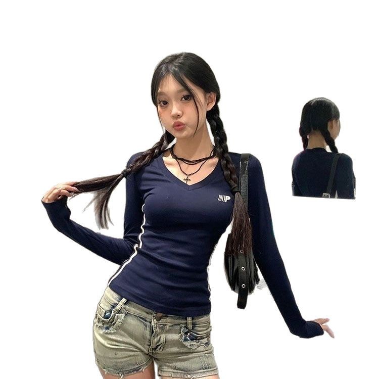 Vネックウェビングホットガール長袖Tシャツレディース春秋ボトリングシャツスポーツスリムフィットアメリカンレトロデザイントップ|undefined