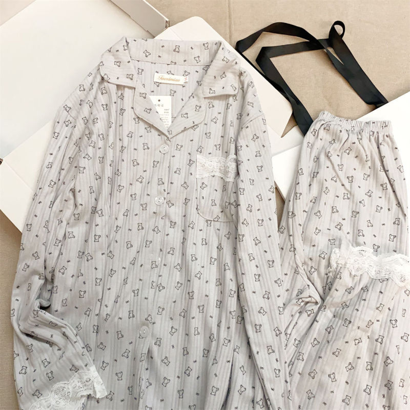 花边波点kitty猫睡衣女春秋新款长袖日系卡通可爱居家服套装外穿|undefined