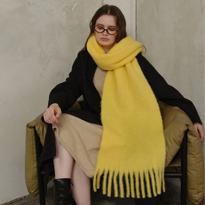 Korean-Style Solid Color Scarf for Women, Autumn and Winter Warm Thick Tassel Shawl, Classic Wool Blend
