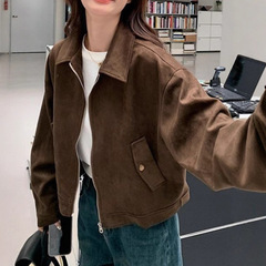 复古棕色美拉德麂皮绒外套女春秋新款短款美式小个子机车夹克上衣
