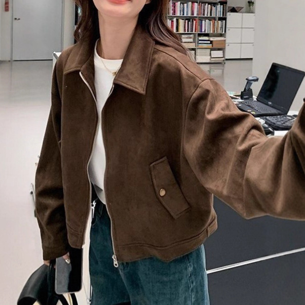 Vintage Brown Melad Suede Jacket for Women, New Short American Style Petite Motorcycle Jacket for Spring and Autumn