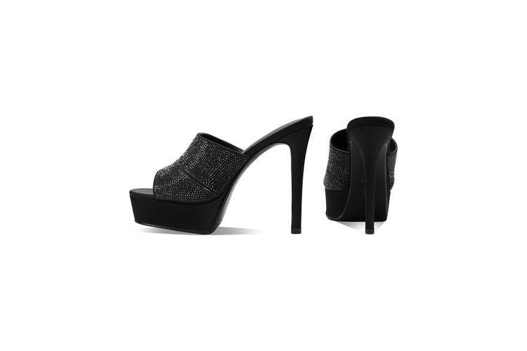 Sandal cao gót nữ quai một dây đính đá, gót nhọn 9 cm, đế platform — đen chi tiết 6