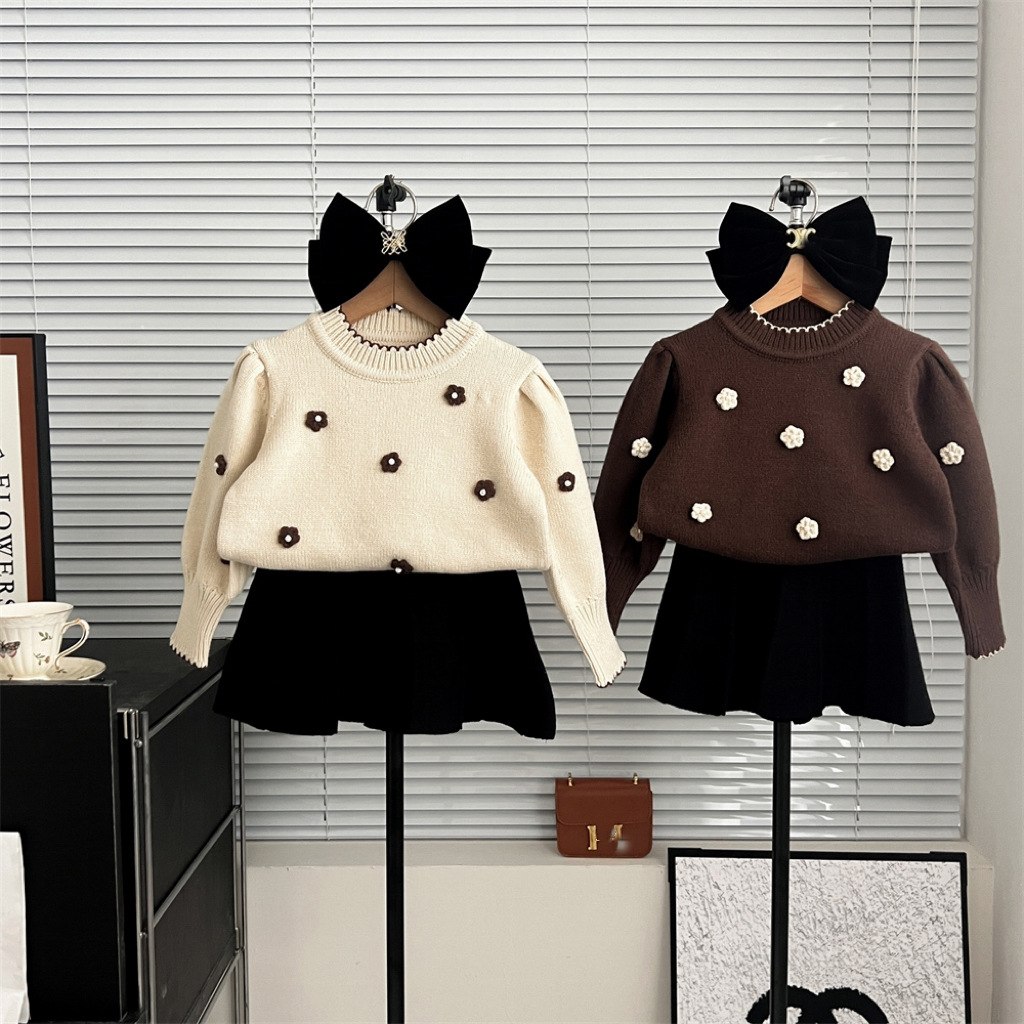 Gonna maglione nuova autunno/inverno 2024, testa lavorata a maglia per bambini, gonna principessa con fiori fatta a mano per bambine, due pezzi_voghion.com