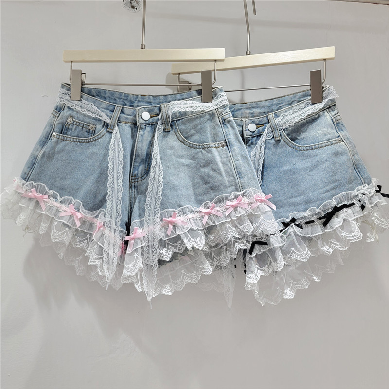 Pantalones Cortos de Mezclilla con Encaje de Mezclilla, Tiro Alto y Detalle de Encaje, para Verano