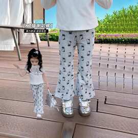 女宝宝时尚卡通喇叭裤2024夏季牛奶丝薄款女童洋气百搭休闲裤子
