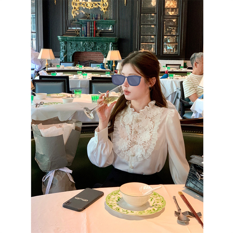 杨小卷 法式高级感蕾丝花边立领衬衫女长袖白色气质上衣秋季叠穿|undefined