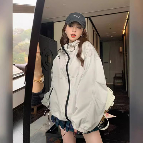 Women's Spring and Autumn Caped Windbreaker with Hong Kong Style Streetwear, White Baseball Jacket, Versatile Workwear Windbreaker