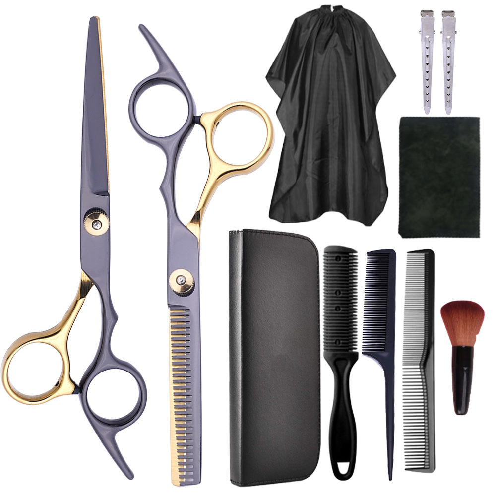 Fábrica directa de tijeras de corte de pelo de oro negro, tijeras de corte de pelo planas especiales, tijeras de corte de pelo delgadas, set de tijeras de corte de pelo domésticas