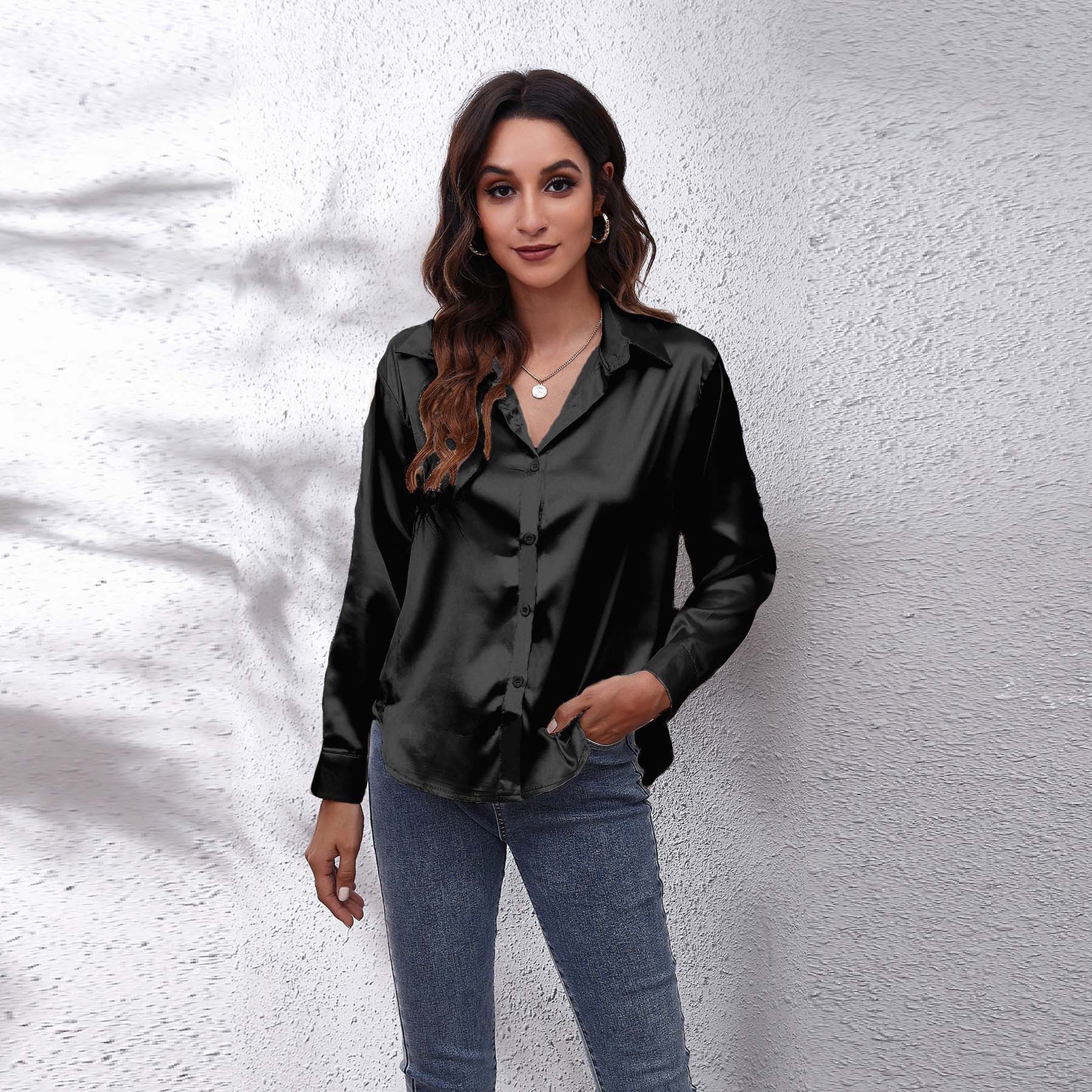 23 Colors, 7 Sizes In Stock, Satin Silk Long-sleeve Shirt, New Style, European And American Foreign Trade_ecoleips.com