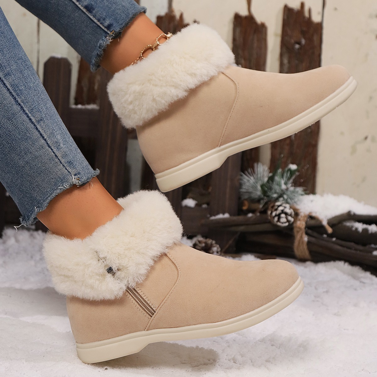 Snow boots women's fur one winter warm short tube diagonal women's cotton shoes boots_voghion.com