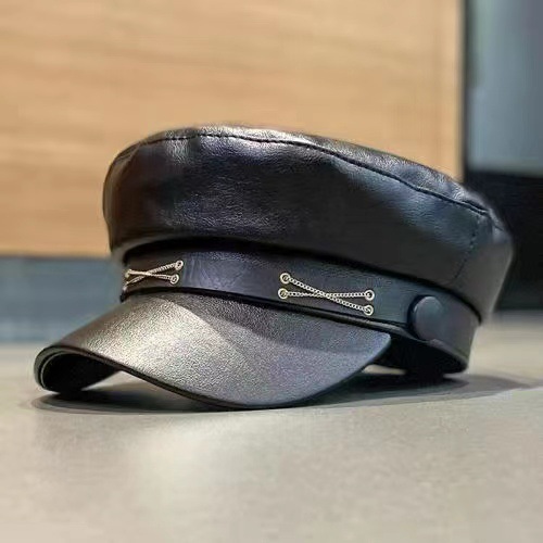 English Retro PU Flat Cap, Ins Korean Style Fashion Black Leather Hat, Slimming Bell Cap for Women, Autumn/Winter Wholesale