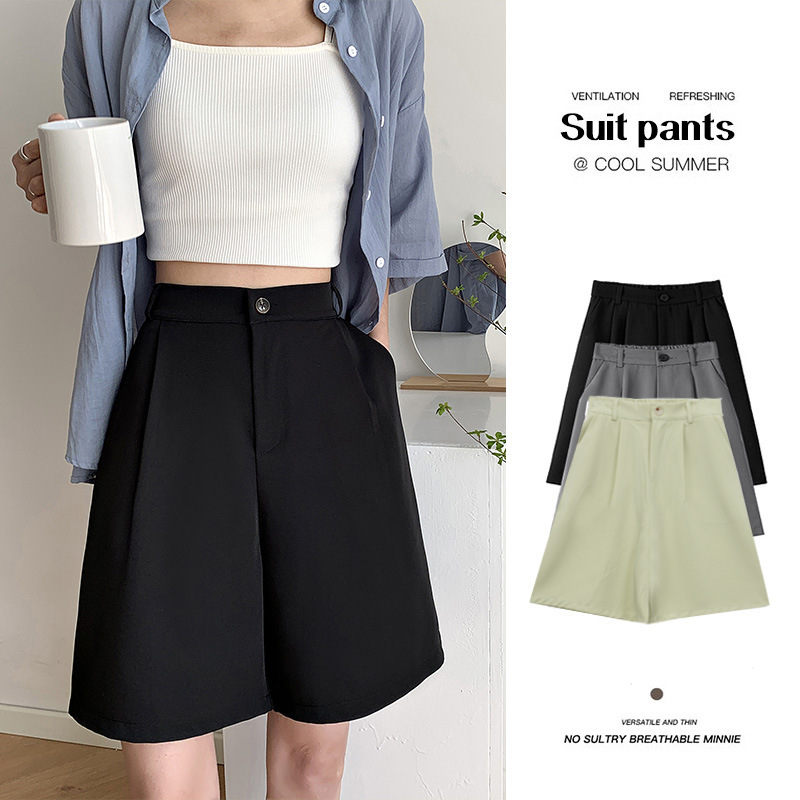 Black Suit Shorts for Women 2026 Summer Thin Loose Casual Wide-Leg High-Waisted Straight Slimming Mid-Length Shorts