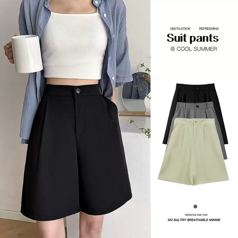 黑色西装短裤女2024夏季薄款宽松休闲阔腿高腰直筒显瘦五分裤中裤