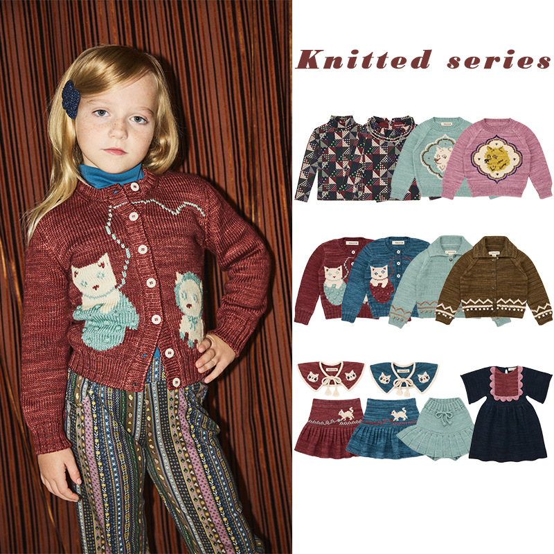 儿童毛衣2025冬季跨境童装MP系列女童卡通猫咪针织开衫连衣裙套装